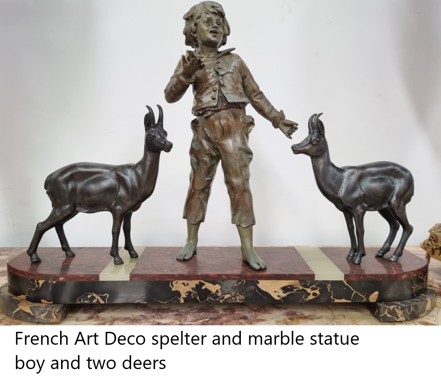 French Art Deco spelter and marble statue of a boy and two deers.png